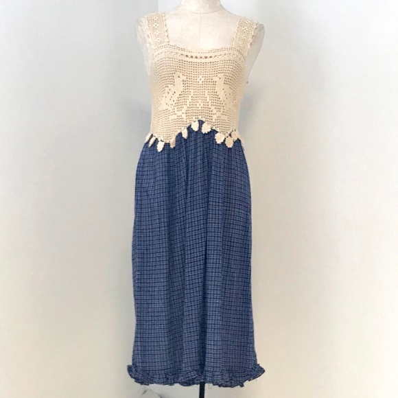 Vintage 70s Boho Crochet Top Print Midi Dress